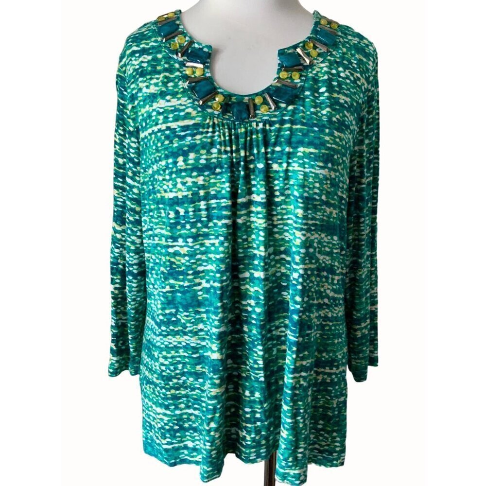 Ruby Rd quarter sleeve green beaded embellished scoop neckline spandex top Large